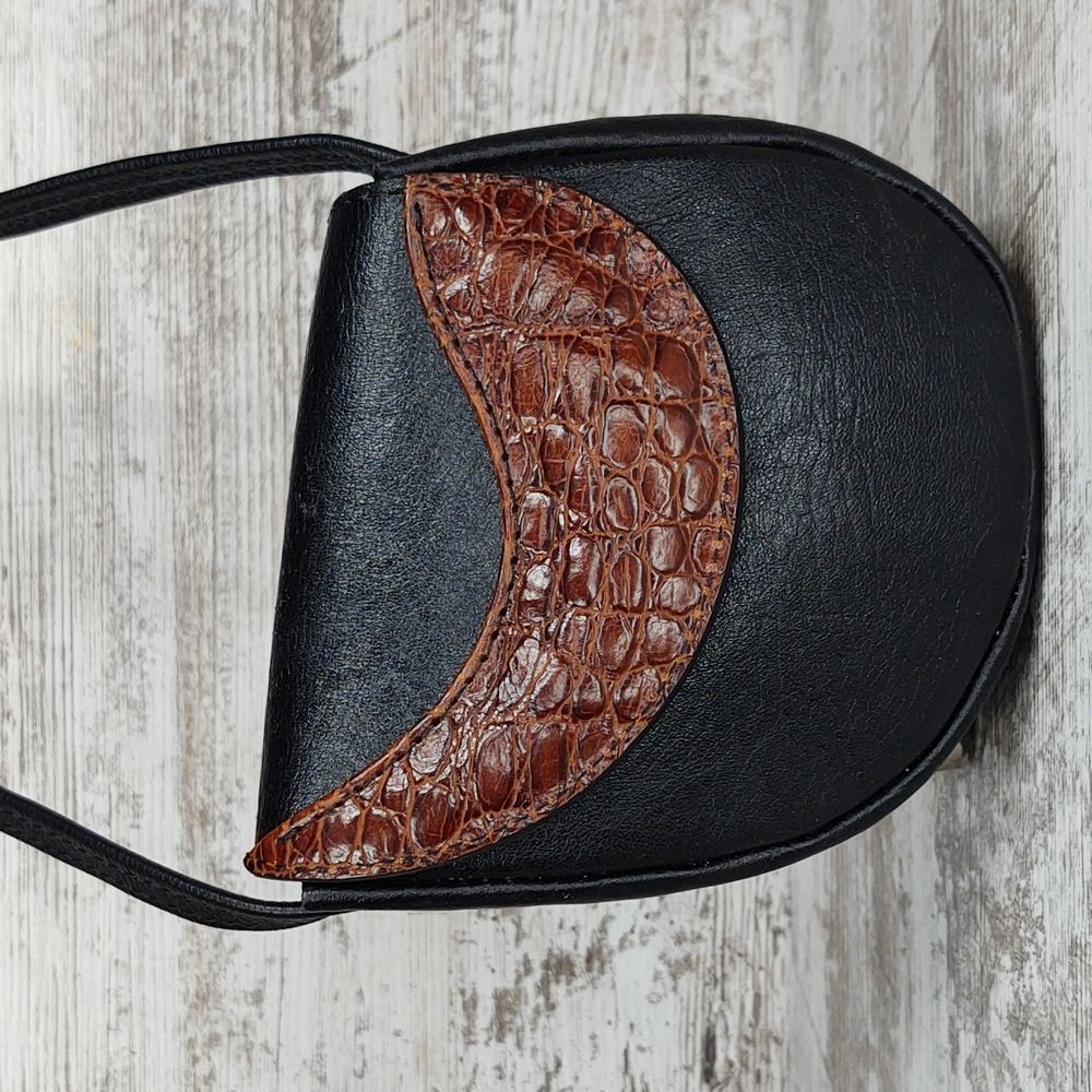 Like New Black Leather Brown Croc Asymmetrical Saddle Crossbody Bag
